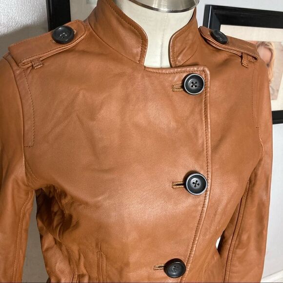 Gap Brown Leather Asymmetrical Button Up Moto Jacket Sz Small - Picture 2 of 8